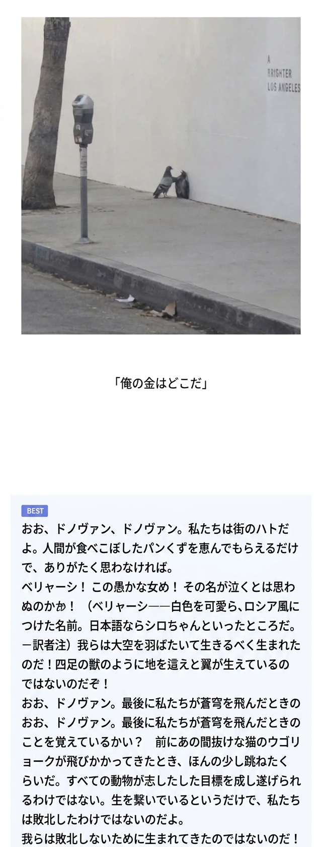 道端の壁際で1羽のハトがもう1羽を問い詰めるような写真と、それをロシア文学調のやり取りに見立てたネットのコメント画面