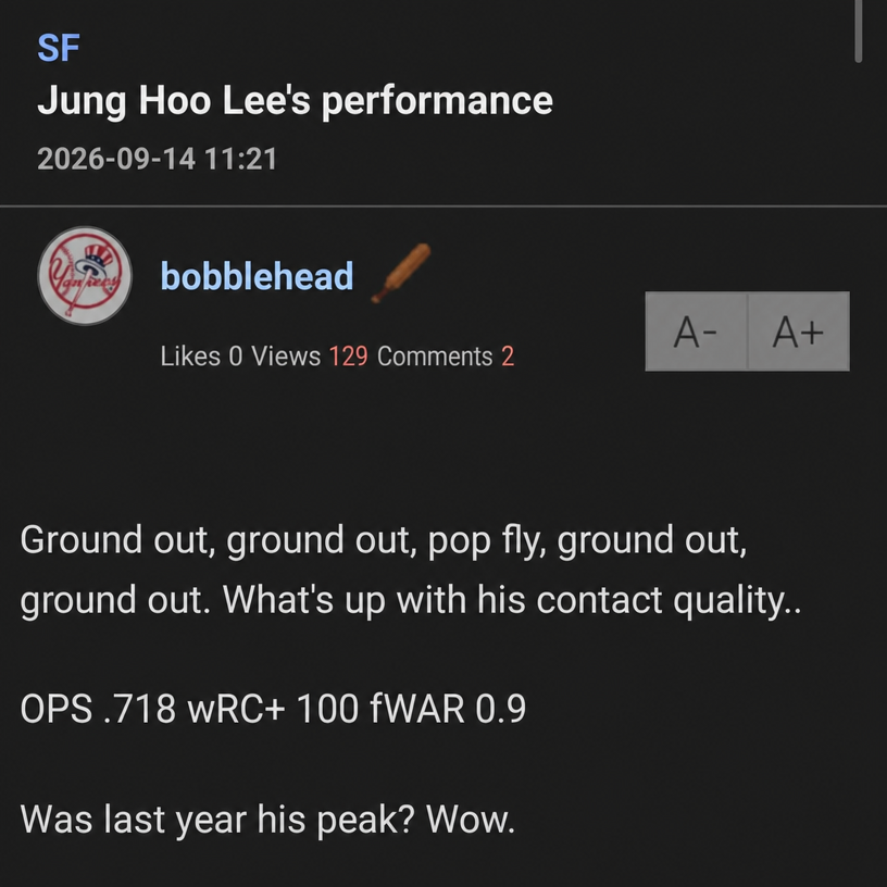 A screenshot of an online post pointing out Lee Jung-hoo's poor contact quality, OPS, wRC+, and fWAR figures.