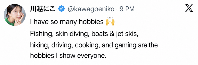 A screenshot of a Twitter post by Niko Kawagoe showcasing her various hobbies such as fishing, skin diving, boating, and hiking.