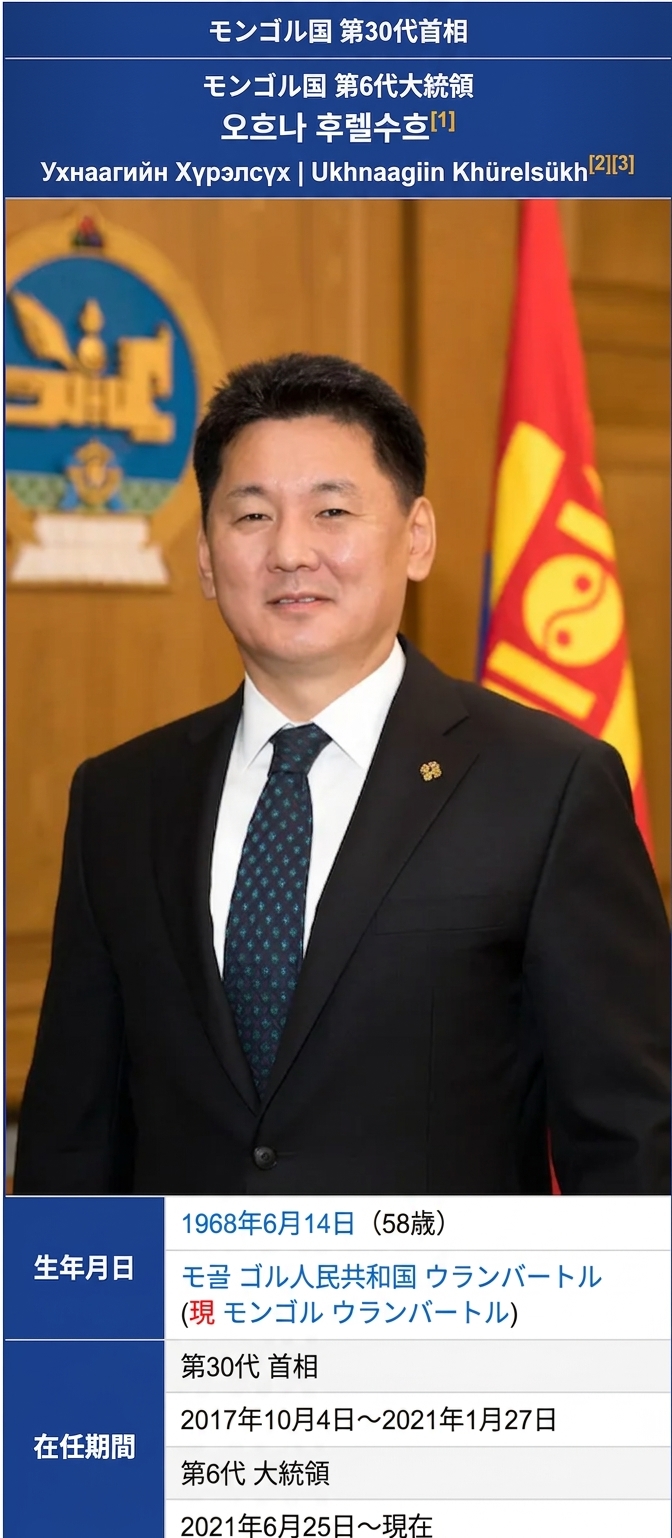モンゴル第6代大統領ウフナーギーン・フレルスフのプロフィール写真と情報が掲載されたWikipediaのキャプチャ