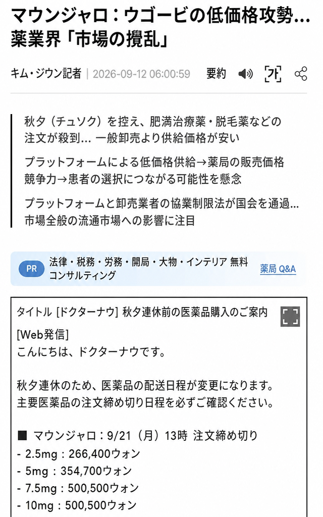マンジャロとウゴービの低価格攻勢が市場攪乱であるというニュース記事と、Dr.Nowの供給価格告知メールのスクリーンショット。