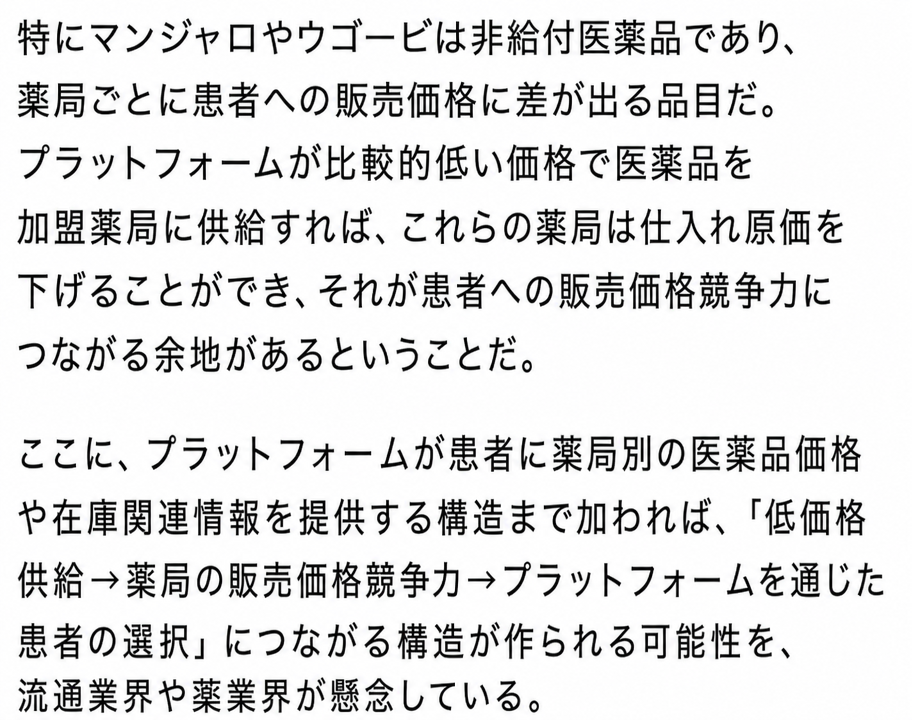 非給付医薬品の低価格供給とプラットフォームの情報提供による価格競争を、流通業界や薬剤師会が懸念しているという記事本文のスクリーンショット。