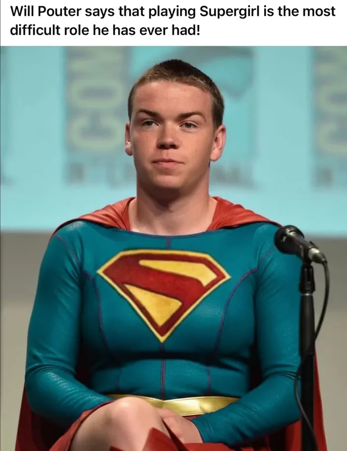 A photoshopped image featuring actor Will Poulter's head superimposed onto Supergirl's body at a convention panel.
