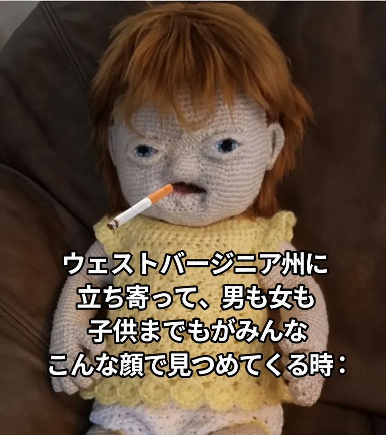 赤毛で目が離れていて、タバコを口にくわえた編みぐるみの人形。ウェストバージニア州に立ち寄った時についてのキャプション付き。