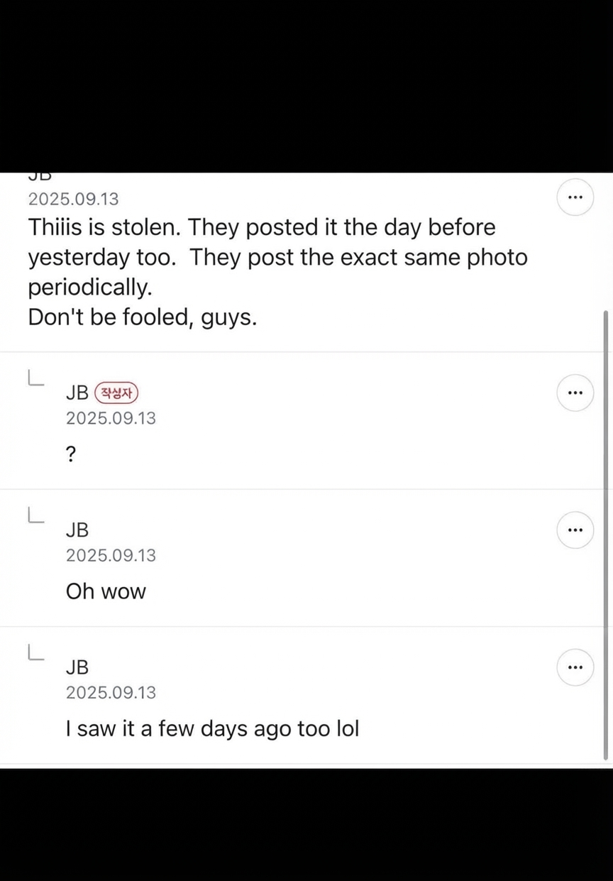 Screenshot of comments accusing the poster of using stolen photos, claiming the exact same photo was uploaded previously.