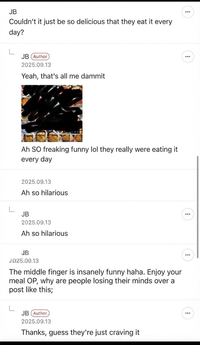 Screenshot of a comment showing the poster's photo gallery packed entirely with pictures of soft tofu Yeol Ramyeon, proving they actually eat it every day.