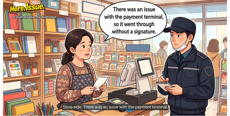 Illustration depicting the store owner explaining to a police officer that the payment went through without a signature due to a machine error.