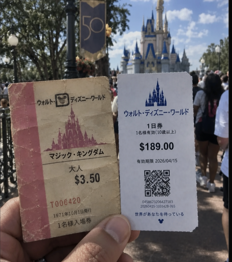 シンデレラ城を背景に、1971年当時の3.50ドルのビンテージなウォルト・ディズニー・ワールド・マジック・キングダムのチケットと、現在の189.00ドルの1日券を並べて比較した様子。