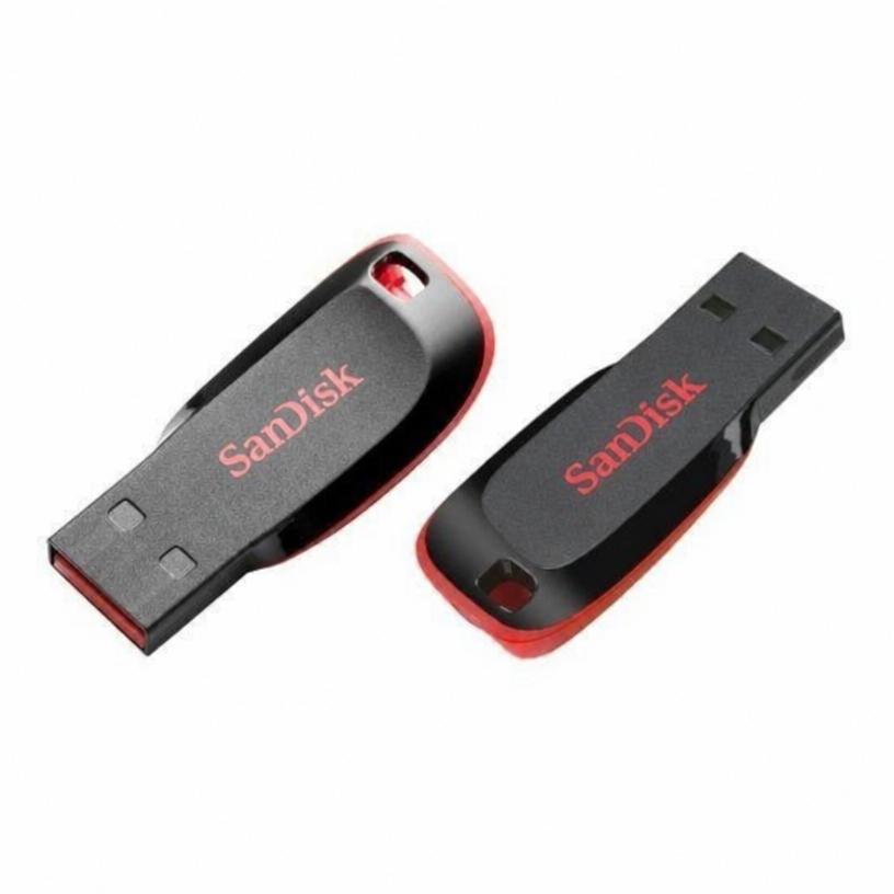 Two black and red plastic slide-style USB flash drives from the SanDisk brand.
