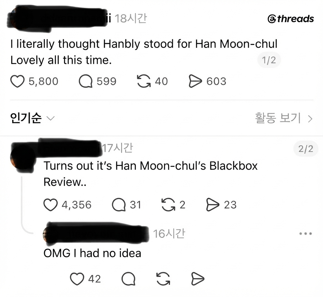 Screenshot of a social media post where a user writes that they thought 'Hanbly' stood for 'Han Moon-chul Lovely', and comments in shock after learning it actually stands for 'Han Moon-chul's Dashcam (Blackbox) Review'.