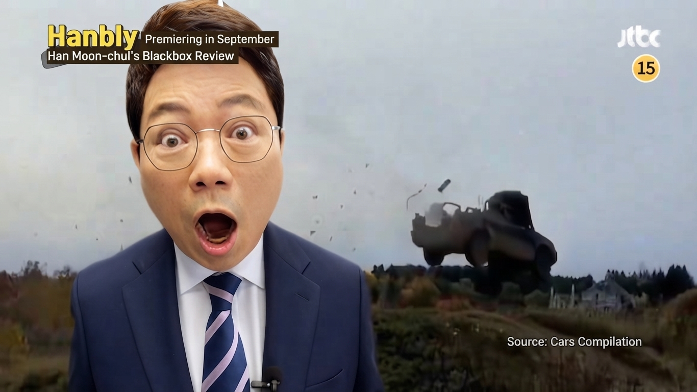 Broadcast capture from JTBC's 'Hanbly (Han Moon-chul's Dashcam Review)'. Lawyer Han Moon-chul in a suit makes a shocked facial expression with his mouth wide open, with a composited clip behind him of a car flying in midair during an accident.