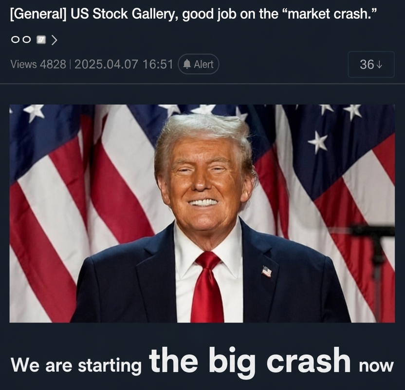 A community meme featuring a photo of Donald Trump with the caption 'Starting the big crash now'
