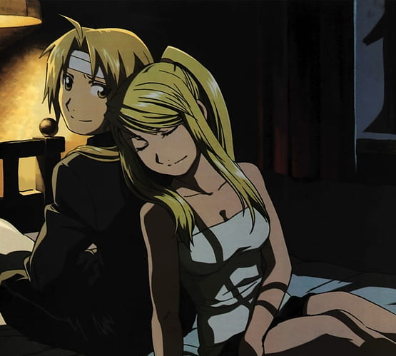 A scene from the anime Fullmetal Alchemist showing Edward Elric and Winry Rockbell sitting back to back.