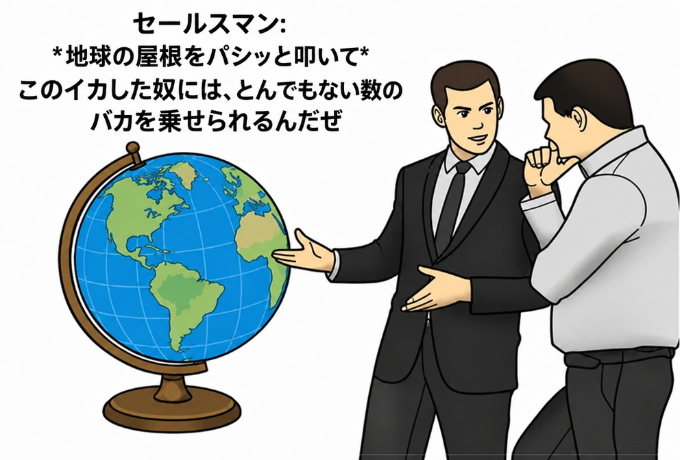 地球を指さし、その中にどれだけ多くの馬鹿を詰め込めるか語る自動車セールスマンのミーム。