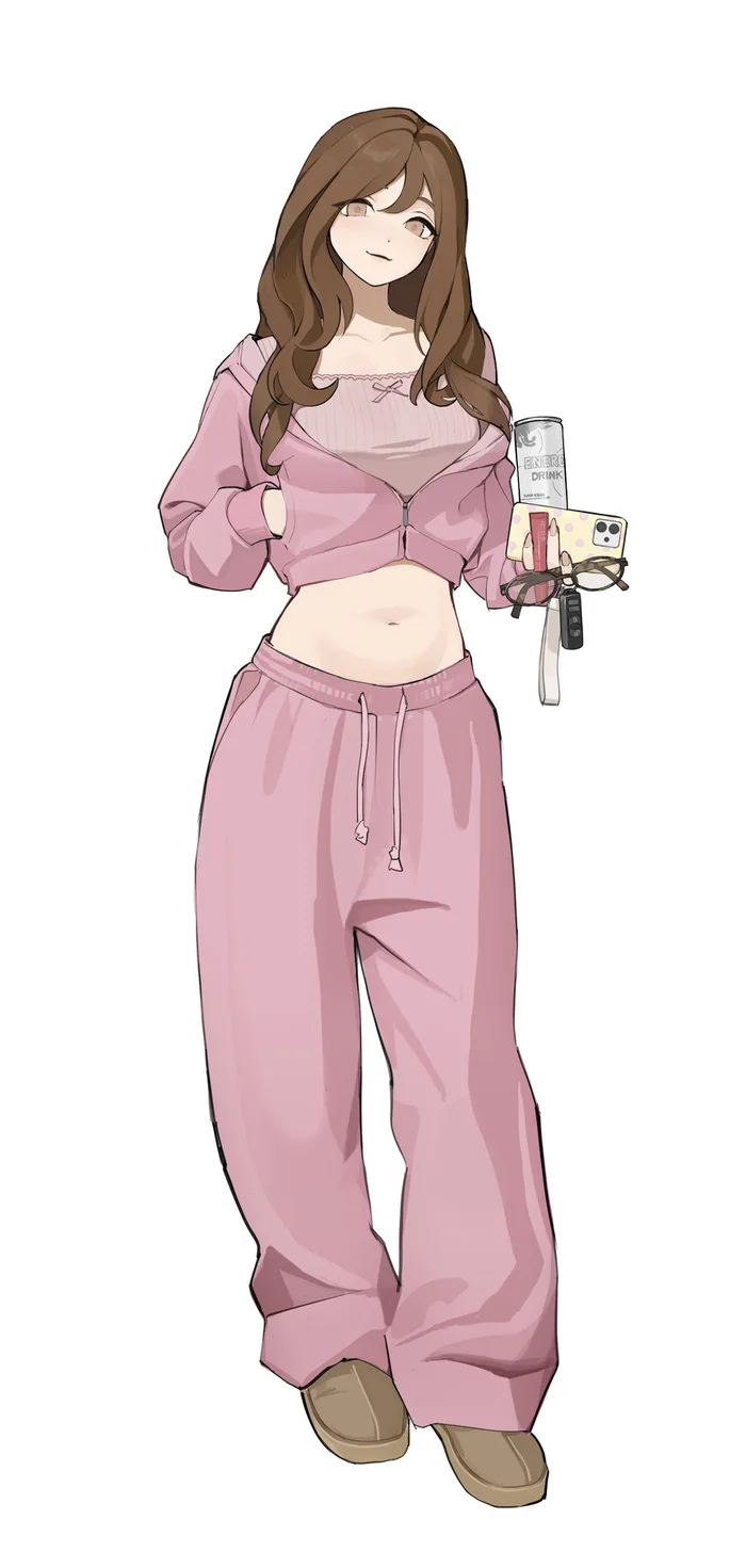 Anime-style illustration of a girl in a pink tracksuit holding an energy drink, phone, keys, and glasses