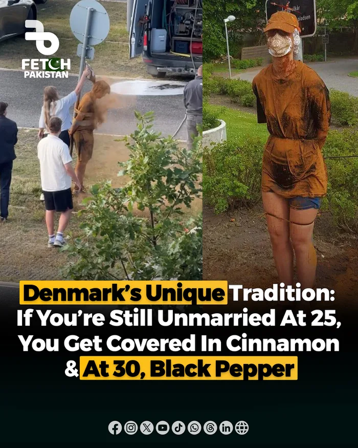 A split image showing people tied up and covered in cinnamon powder outdoors as part of a Danish tradition.