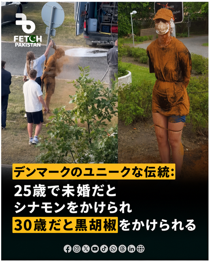 デンマークの伝統行事の一環として、屋外で縛られた人々がシナモンパウダーをかけられている様子を示す分割画像。