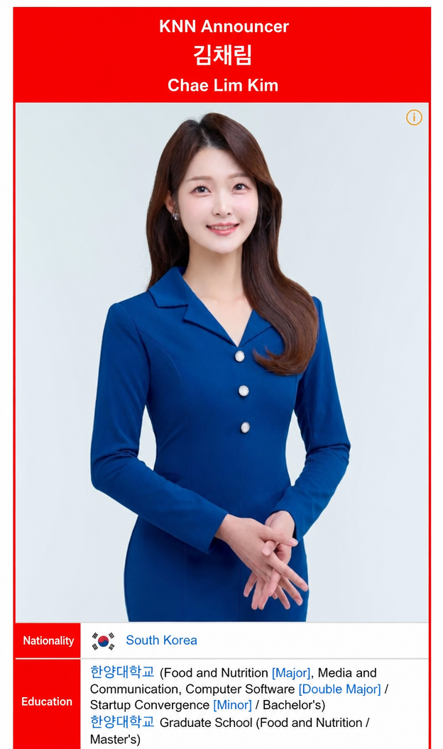 Profile capture of KNN announcer Kim Chae-lim. Her education history shows that she majored in Food and Nutrition, double majored in Media and Communication and Computer Software, and minored in Startup Convergence at Hanyang University.
