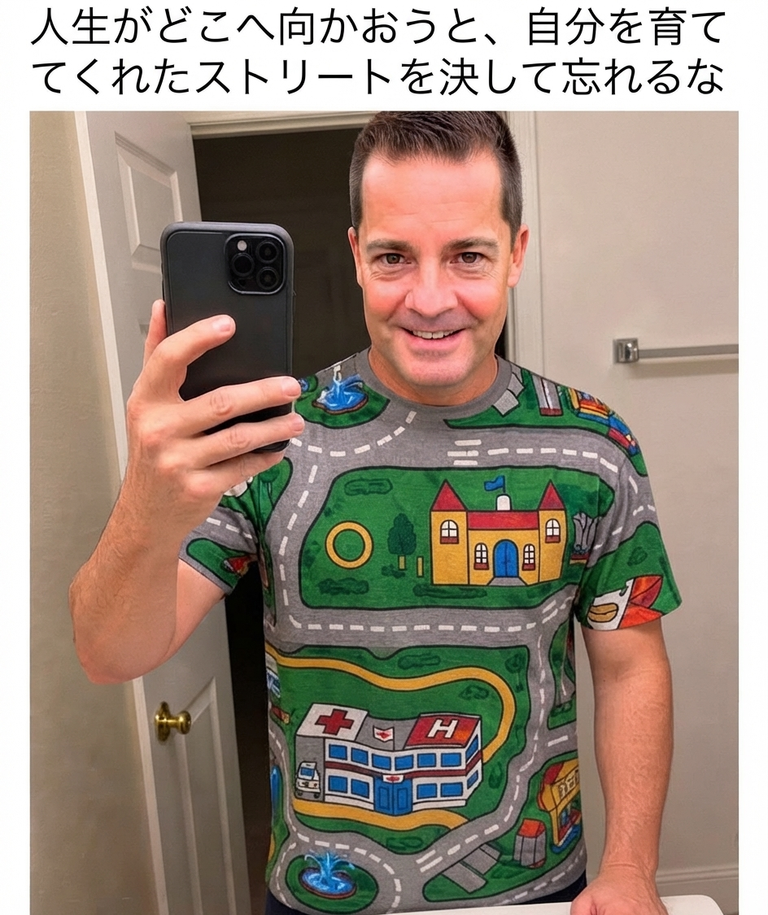 子供用のおなじみの道路柄プレイマット柄のTシャツを着て鏡越しに自撮りをする男性。画像には「人生がどこへ向かおうと、自分を育ててくれたストリートを決して忘れるな」というキャプションが付いている。