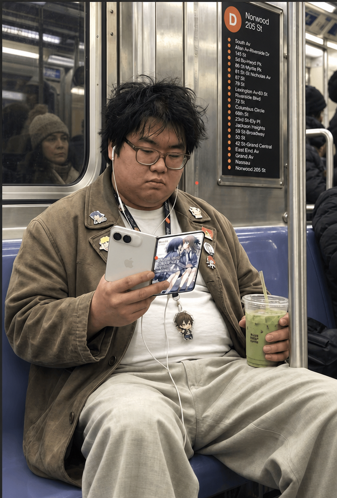 An AI-generated image of a man sitting in a subway seat looking at an anime image on a foldable iPhone screen.