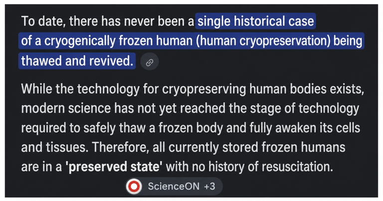 A screenshot of explanatory text stating that there has never been a single historical record of a cryogenically frozen human being thawed and revived, and that all currently stored frozen humans are in a preserved state with no history of resuscitation.