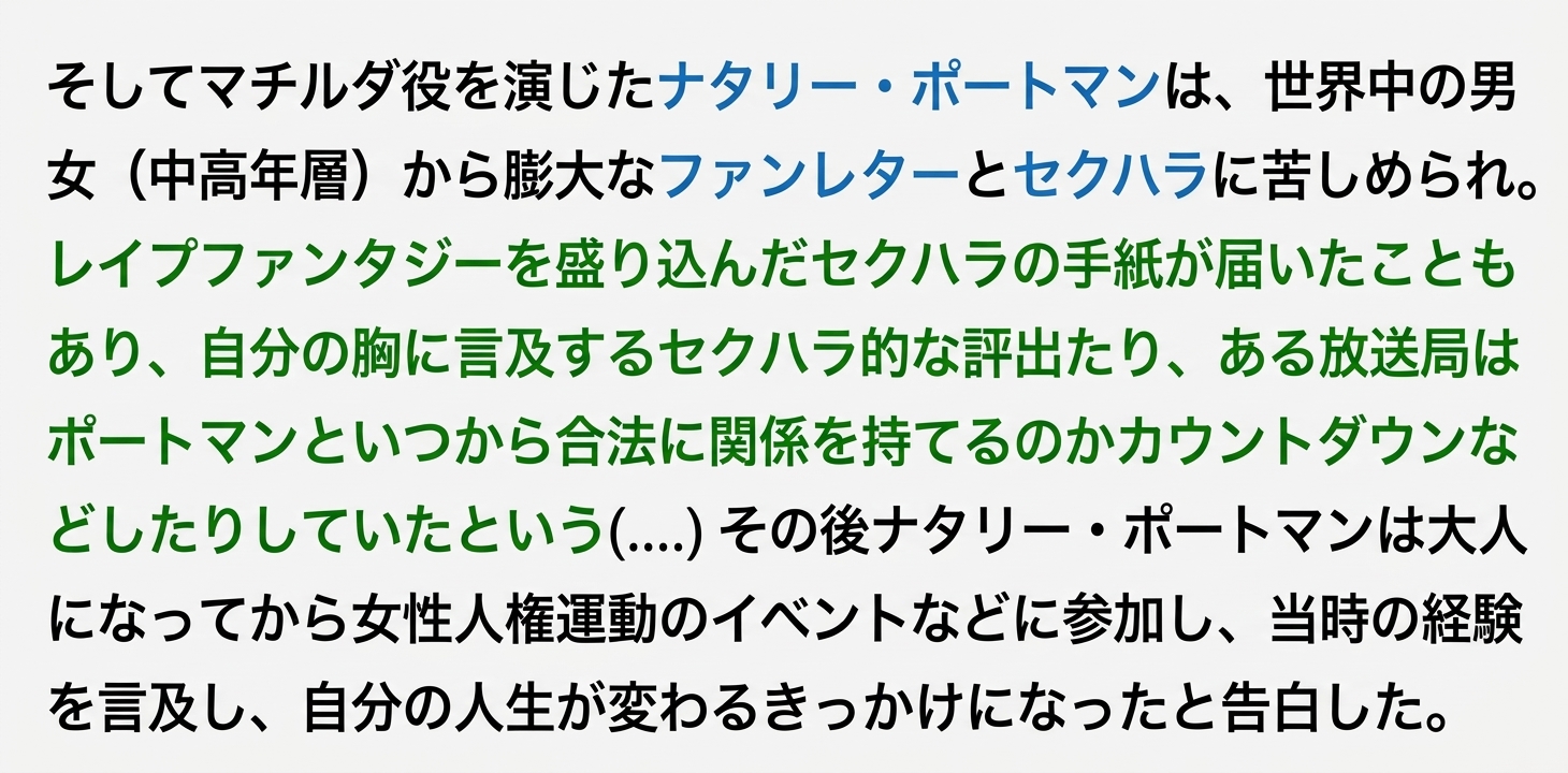 ナタリー・ポートマンがマチルダ役を演じた後に経験したひどいセクハラ被害と、女性人権運動に参加するきっかけになったことを説明する文章のキャプチャ