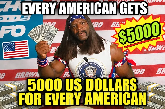 President Camacho from Idiocracy holding up cash with meme text promising $5000 for every American.
