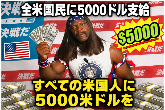 映画『イディオクラシー』のカマチョ大統領が、すべての米国人に5000ドルを約束するミームテキストが書かれた現金を掲げている。