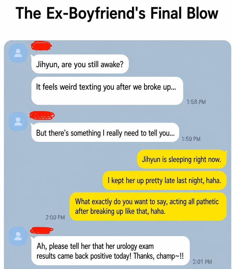 A messenger conversation screenshot where the current boyfriend snarkily replies to an ex-boyfriend texting his girlfriend, leading the ex-boyfriend to fire back, asking him to tell her that his urology test results came back positive.