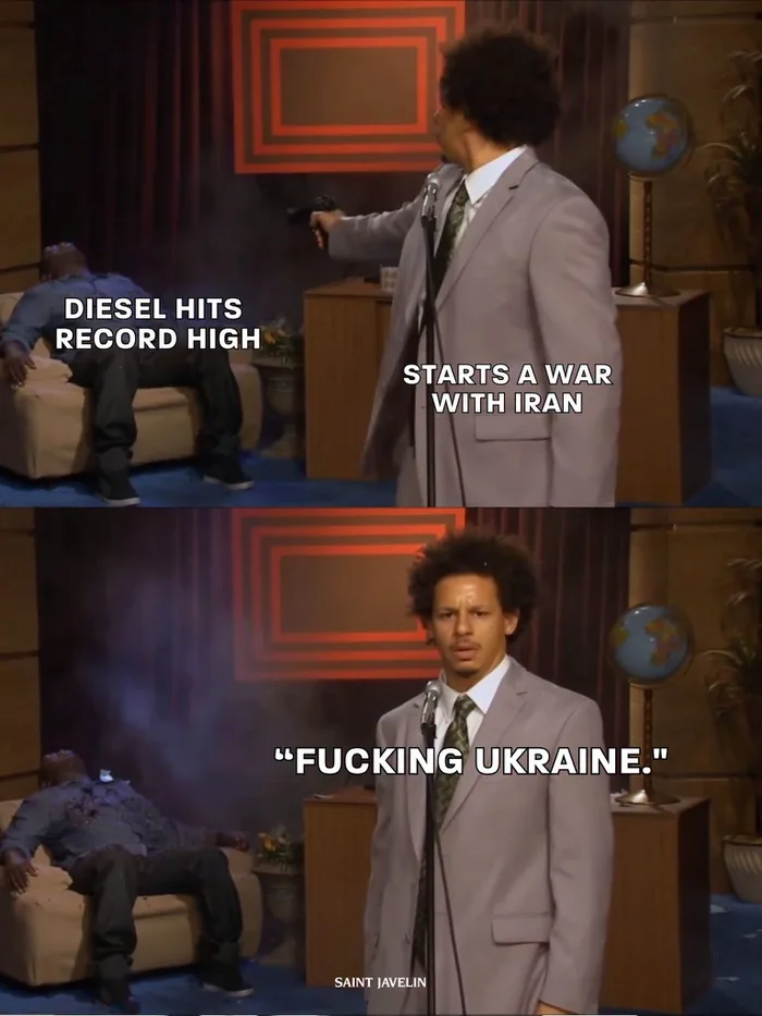 An Eric Andre shooting Hannibal meme where Eric Andre represents 'STARTS A WAR WITH IRAN' shooting Hannibal labeled 'DIESEL HITS RECORD HIGH', and then turns to ask, 'FUCKING UKRAINE.'