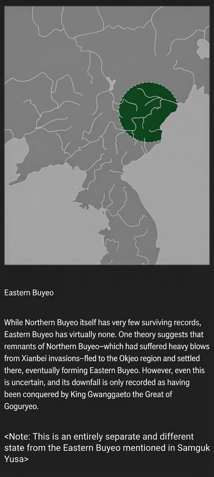 A map screen highlighting the northeastern Korean peninsula and Primorsky Krai region with a green dotted circle, accompanied by descriptive text about Eastern Buyeo.