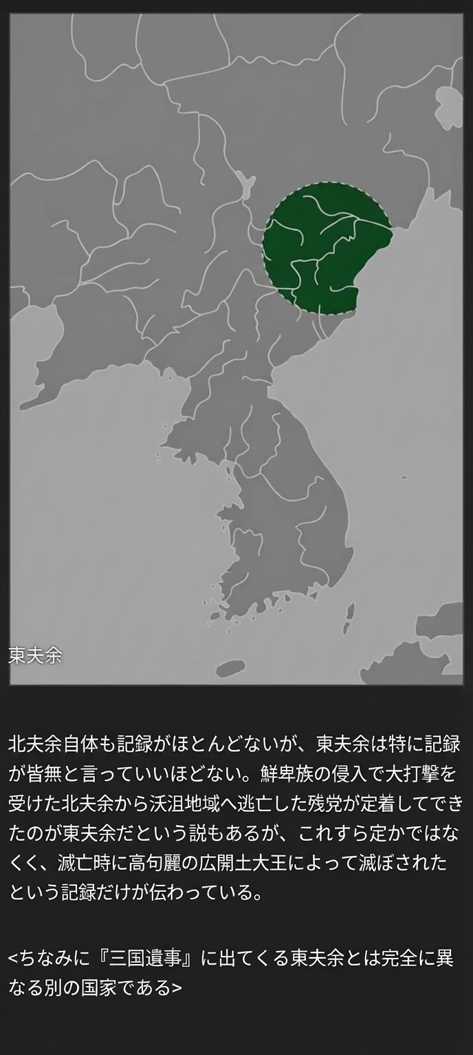 朝鮮半島北東部から沿海州一帯が緑色の点線で囲まれた地図と、東夫余について解説するテキストが書かれた画面