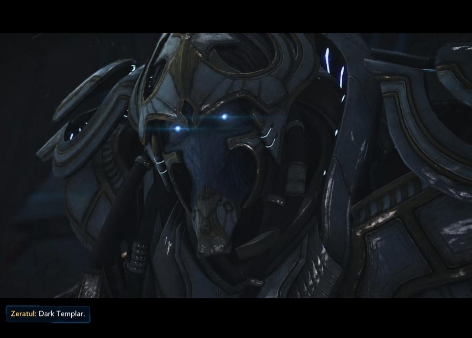 Artanis in a StarCraft cinematic scene with subtitles below.