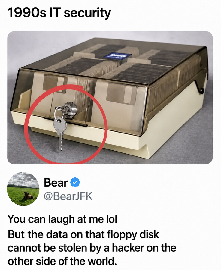 A tweet with a photo of a floppy disk storage box that can be locked with a key, stating that while you can laugh, hackers on the other side of the planet can never steal it.