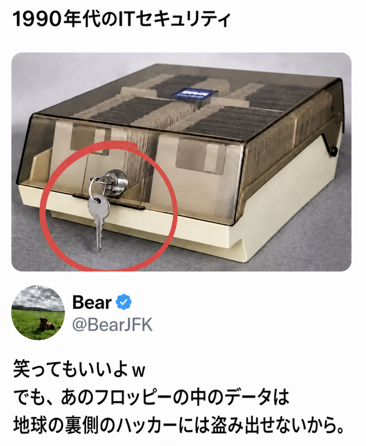 鍵をかけられるフロッピーディスクケースの写真と共に、笑われてもいいが地球の裏側のハッカーには絶対に盗めないという内容のツイート