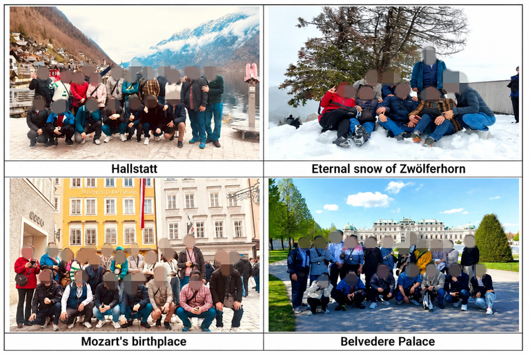 Image from a business trip report showing group photos at famous tourist spots like Hallstatt, the eternal snow of Zwölferhorn, Mozart's birthplace, and Belvedere Palace.