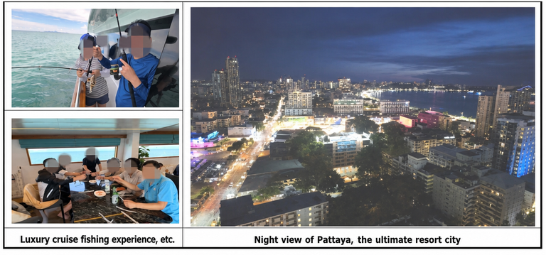 Image from a business trip report containing photos of a luxury cruise fishing experience, company dinner, and the night view of Pattaya, the ultimate resort city.