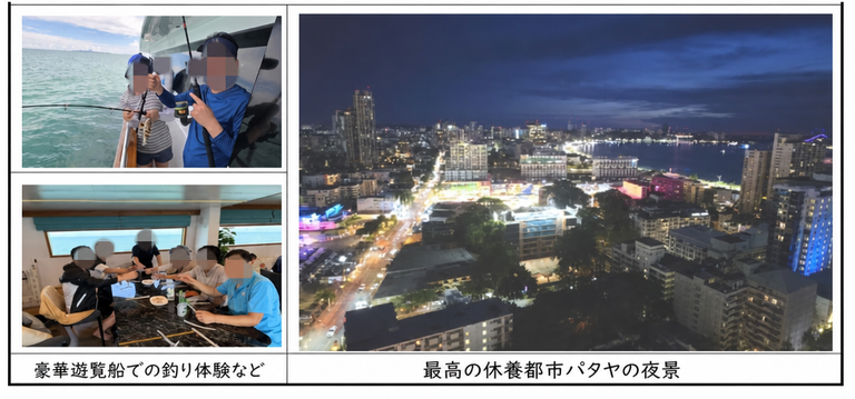 豪華遊覧船での釣り体験や会食、最高の休養都市パタヤの夜景写真が収められた出張報告書の画像