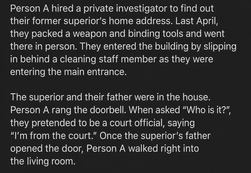 A capture of a news article describing the details of breaking into the residence after locating it through a private investigator.