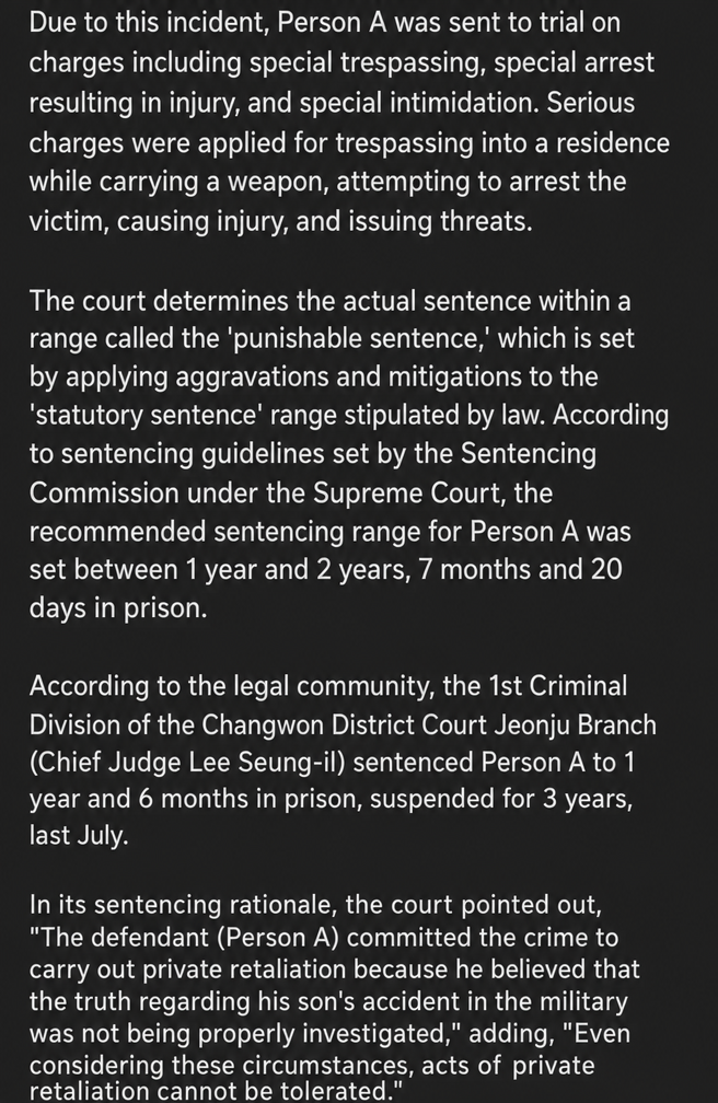 A capture of a news article detailing the applied charges, sentencing guidelines, and the court's reasons for handing down a suspended sentence.