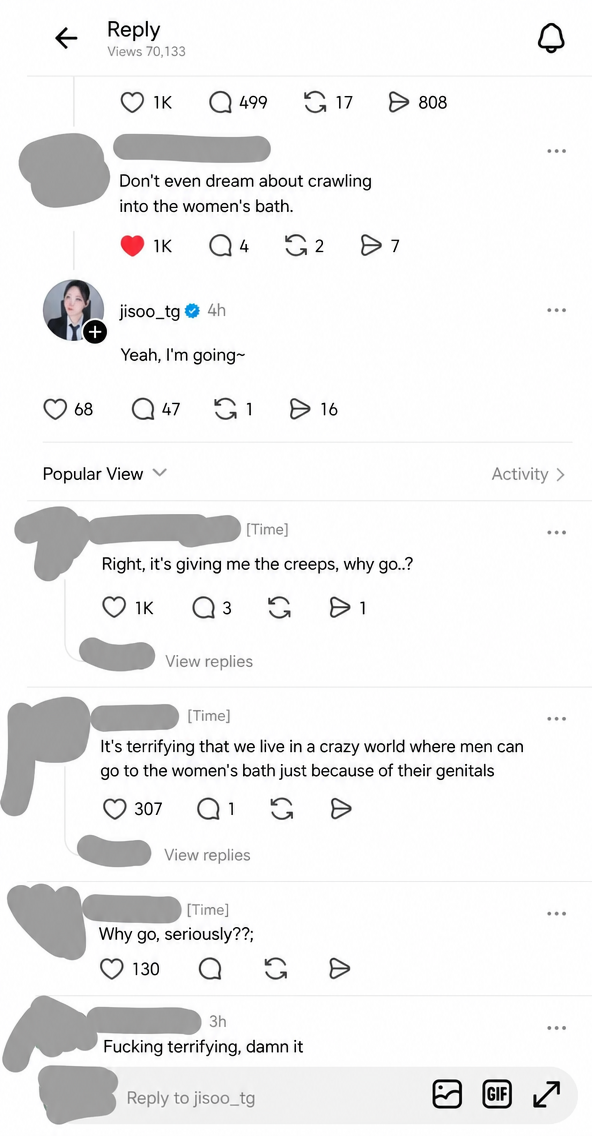 The author replying 'Yes, I'm going~' to a comment telling them not to come to the women's bathhouse, followed by comments expressing shock and backlash.