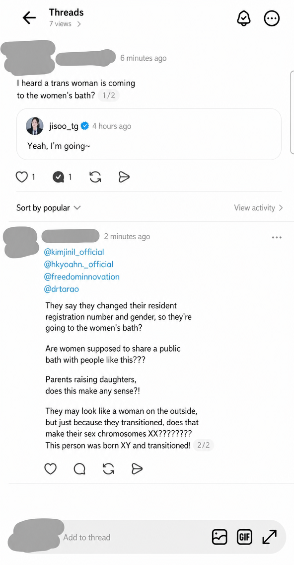A thread post citing the transgender person's remarks about using the women's bathhouse, mentioning chromosomal issues, and expressing anger.