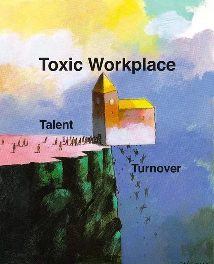 A surreal painting of a building teetering over a cliff labeled Toxic Workplace, where a crowd labeled Talent enters through the front door and people fall out the back down the cliff labeled Turnover.