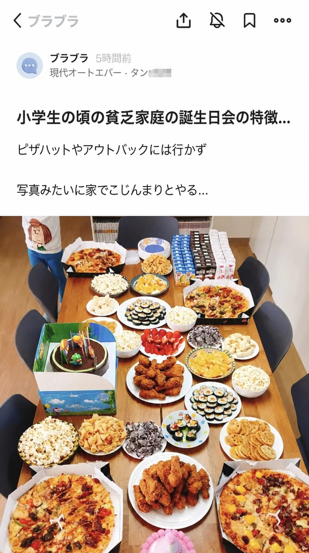 ピザ数枚やチキン、ケーキ、キンパ、果物などが豪華に並んだ食卓の写真とともに、家でささやかに行う「土のスプーン（貧困層）」の誕生日会だと主張する匿名コミュニティアプリ「Blind」の投稿キャプチャ画面