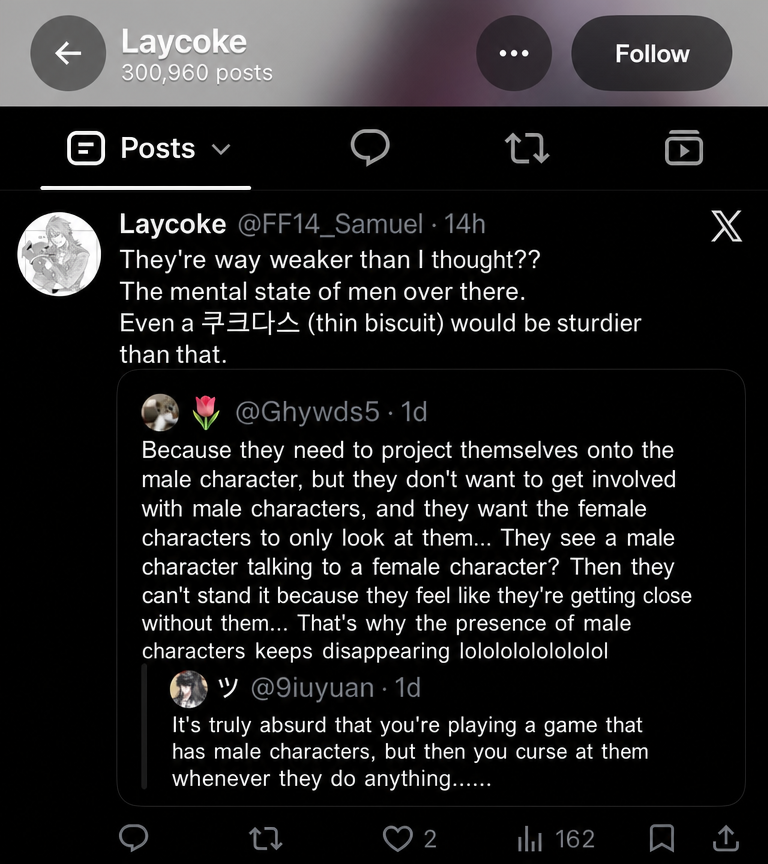 Screenshot of a Twitter post calling users "fragile-minded" for protesting interactions between male and female characters.