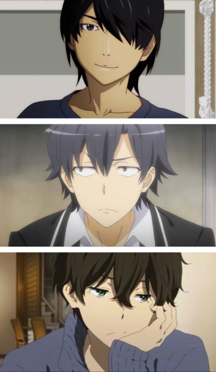 A collage showing the faces of three male anime characters: Koyomi Araragi, Hachiman Hikigaya, and Hotaro Oreki.