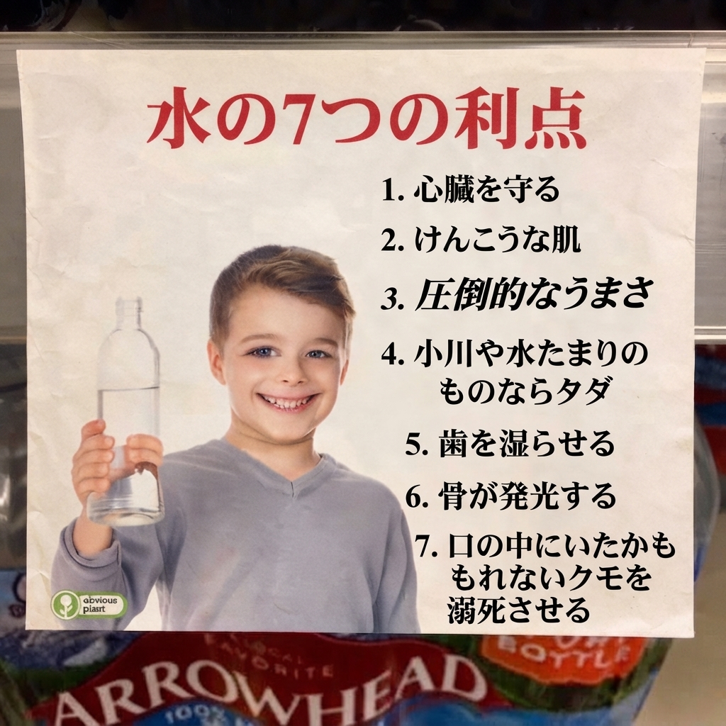 「歯を湿らせる」「骨が発光する」など奇妙な効果が並ぶ「水の7つの利点」のパロディ看板。