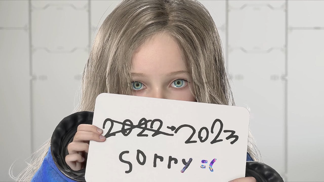 A character from the game Pragmata holding a sign with '2022-2023' crossed out and 'sorry :(' written on it.