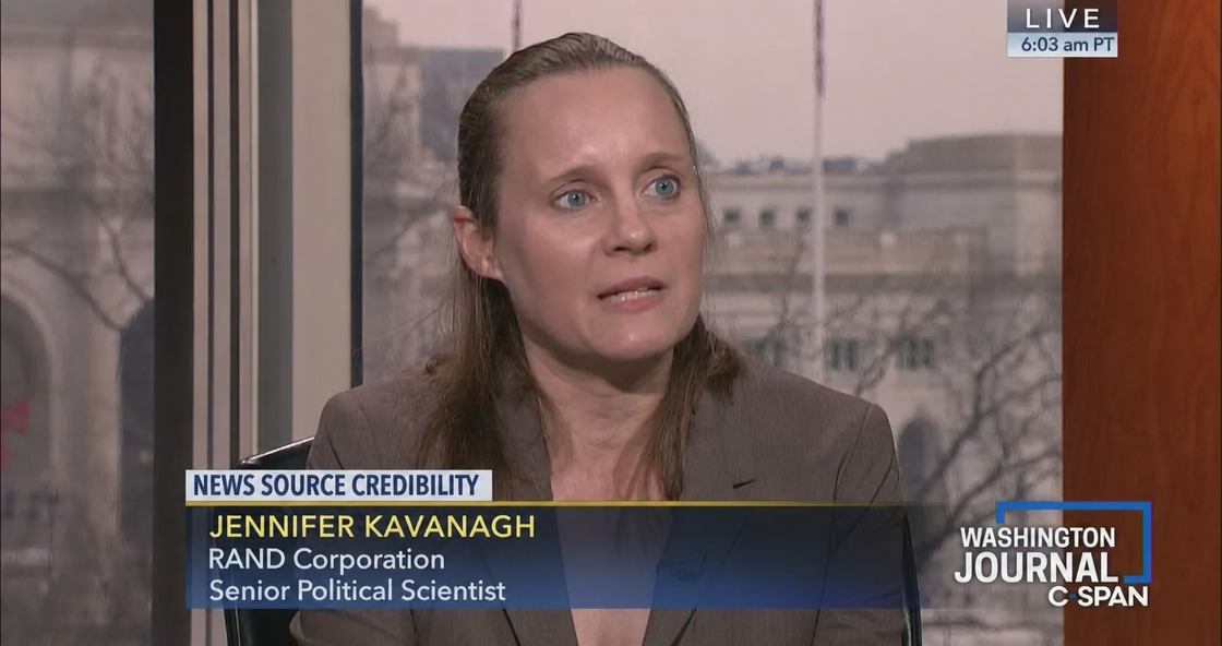 Broadcast screenshot of Senior Fellow Jennifer Kavanagh appearing on C-SPAN's Washington Journal
