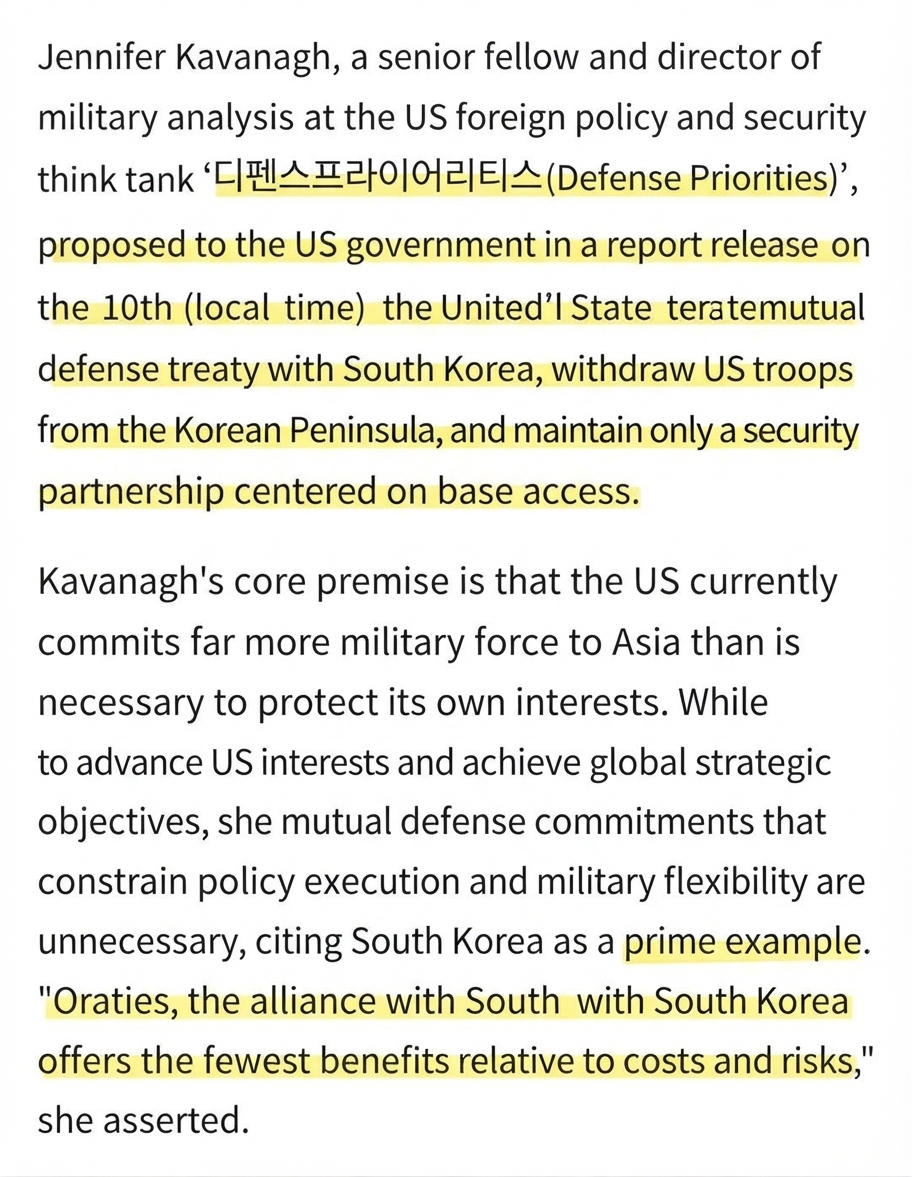 Screenshot of article text explaining the rationale behind Defense Priorities Senior Fellow Jennifer Kavanagh's proposal to end the US-ROK alliance and withdraw US forces